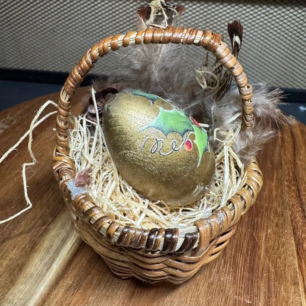 Vintage Hand Painted Gold Holly Egg in Miniature Wicker Basket with Feathers